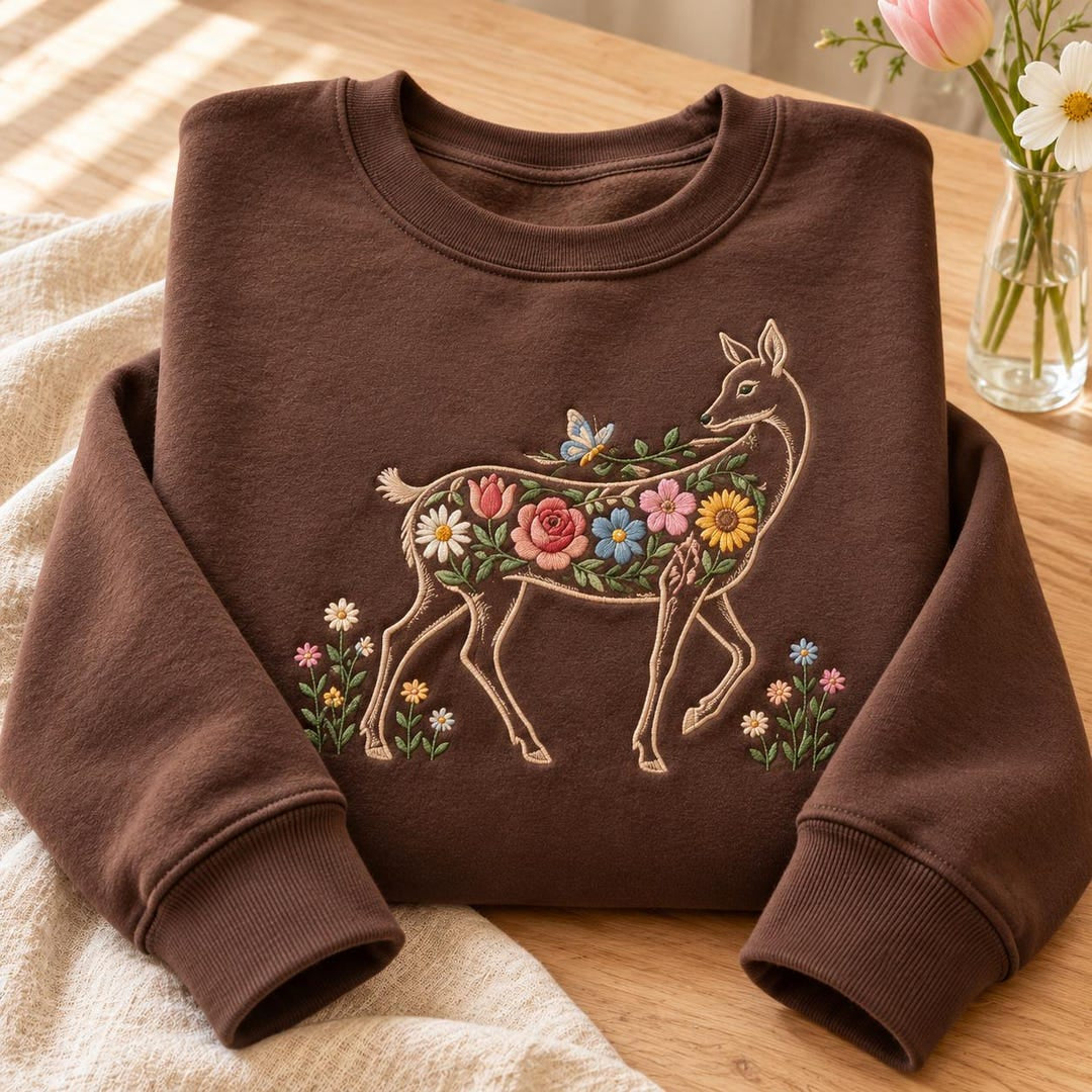 Floral Deer Wildflower Botanical Doe Cottagecore embroidered sweatshirt — front view