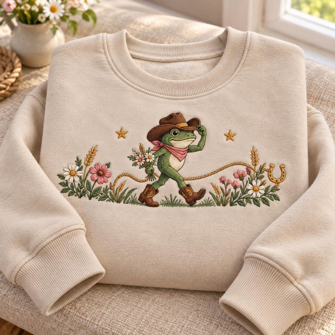 Cowboy Frog Wildflowers Horseshoe Western Cottagecore embroidered sweatshirt — front view