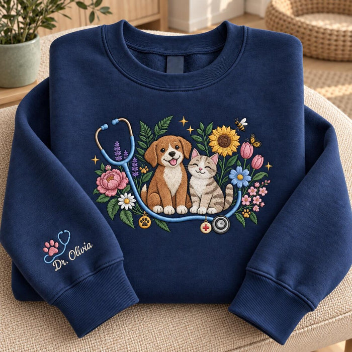 Personalized Veterinarian Dog Cat Floral Stethoscope Embroidered Sweatshirt