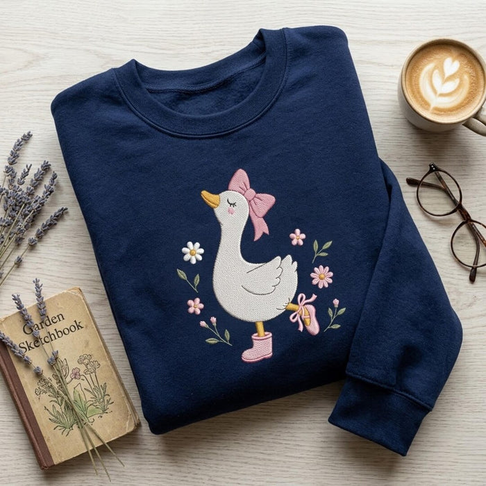 Cute Goose Pink Bow Ballet Shoes Floral Cottagecore Embroidered Sweatshirt