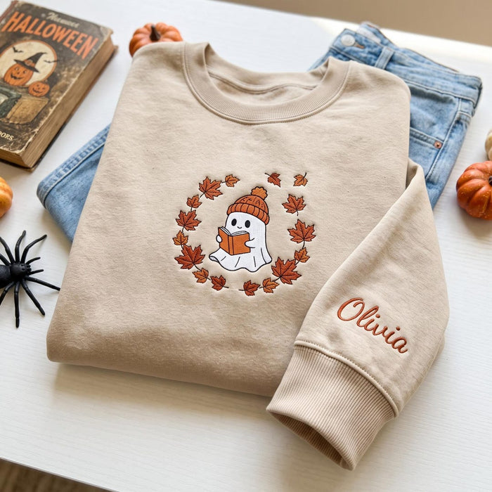 Personalized Halloween Fall Ghost Reading Book Autumn Leaves Wreath Sleeve Name Embroidered Sweatshirt