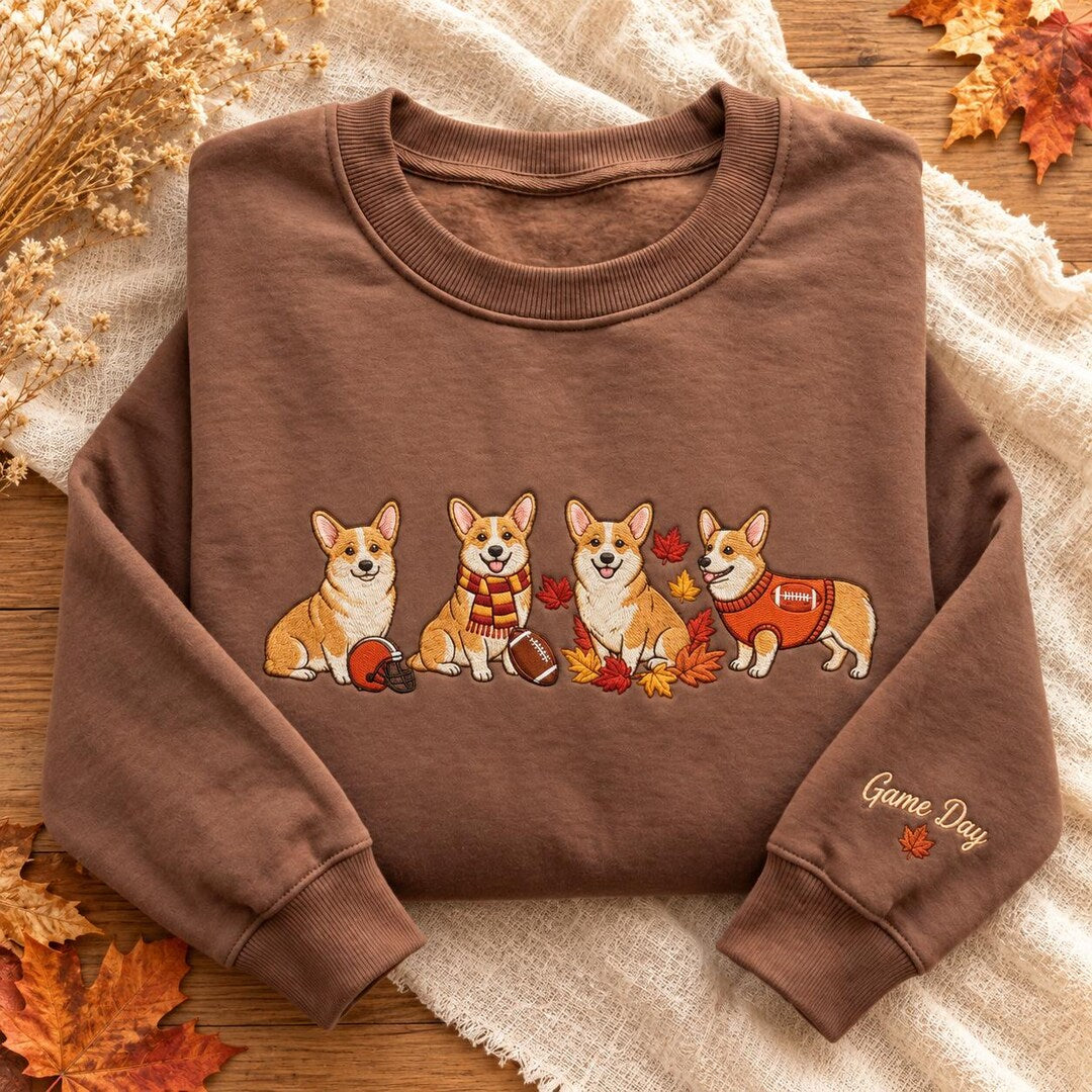 Fall Game Day Four Corgis Football Helmet Autumn Leaves Sleeve embroidered sweatshirt — front view
