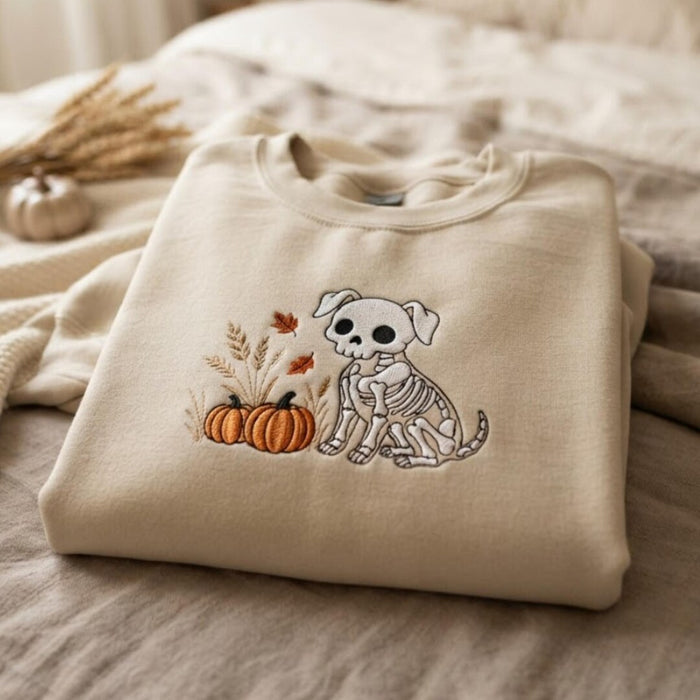 Halloween Skeleton Dog Pumpkin Fall Wheat Leaves Spooky Puppy Embroidered Sweatshirt