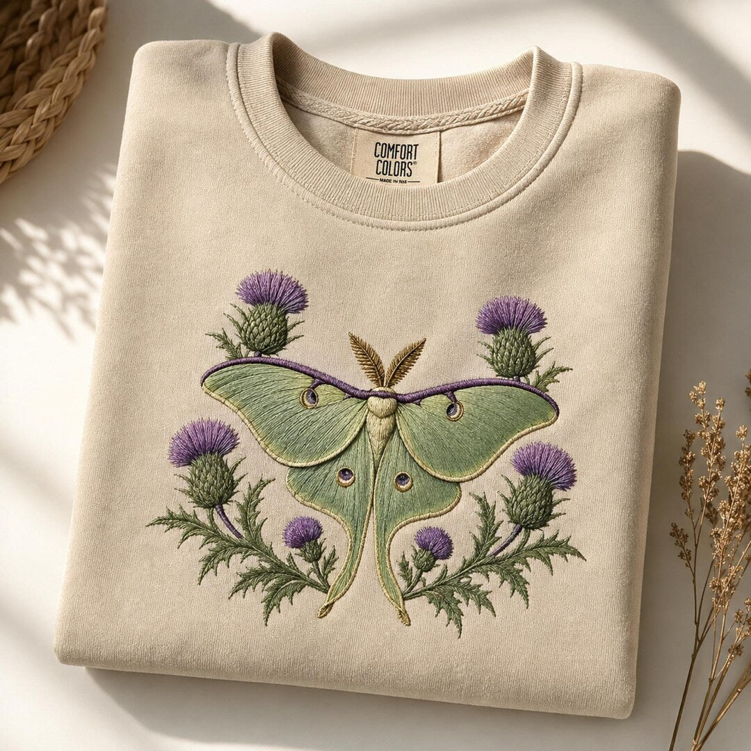 Luna Moth Thistle Botanical Wildflower Cottagecore Nature embroidered sweatshirt — front view