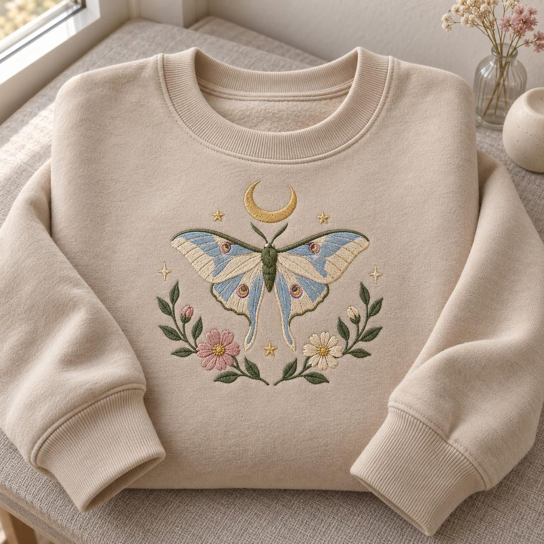 Luna Moth Crescent Moon Floral Botanical Celestial embroidered sweatshirt — front view
