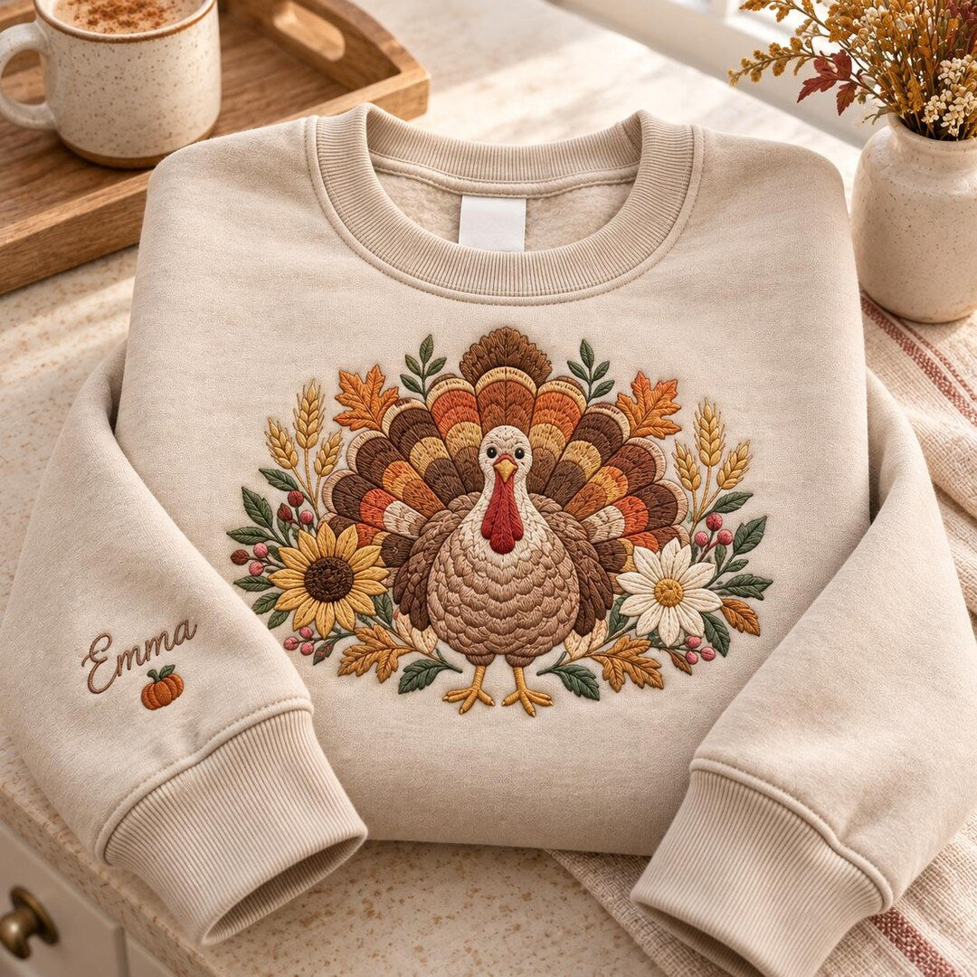 Personalized Thanksgiving Turkey Floral Sunflower Fall Custom Name Sleeve embroidered sweatshirt — front view