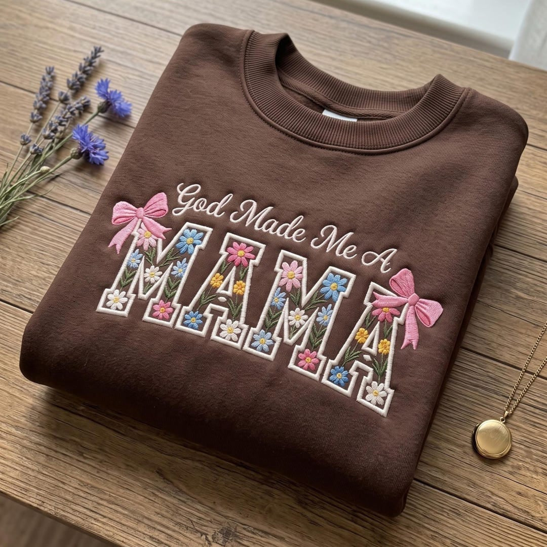 God Made Me a Mama Wildflower Floral Letter Coquette Bow Faith embroidered sweatshirt — front view