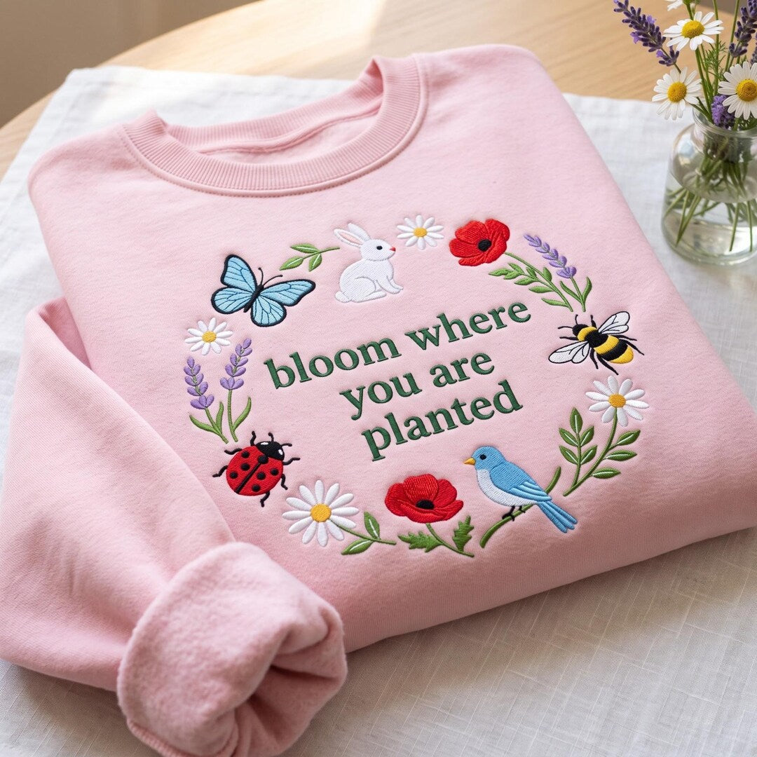 Bloom Where You Are Planted Wildflower Wreath Butterfly Bee Bird Bunny Ladybug embroidered sweatshirt — front view