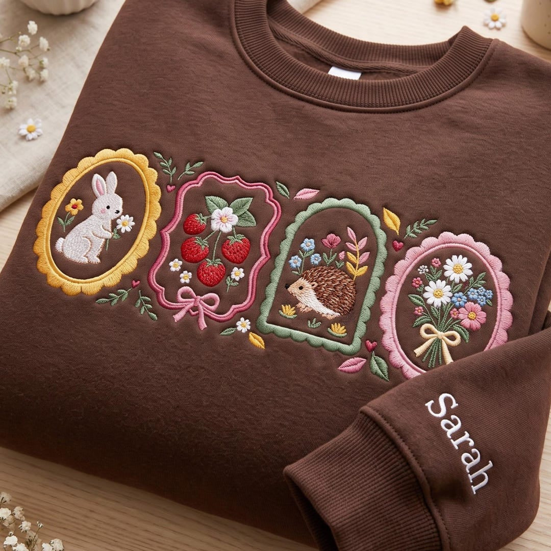 Personalized Cottagecore Bunny Hedgehog Strawberry Floral Frames Custom Name embroidered sweatshirt — front view