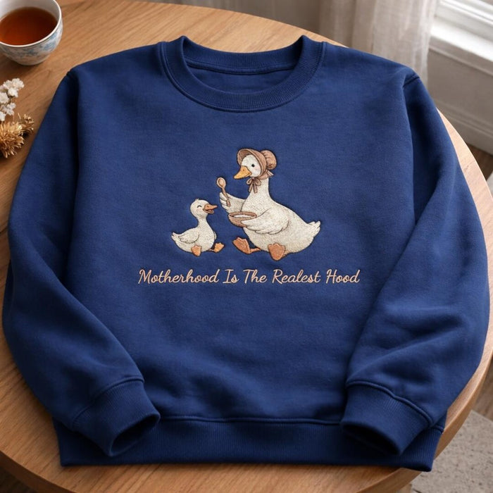 Motherhood Is the Realest Hood Mama Duck Gosling Cottagecore Embroidered Sweatshirt