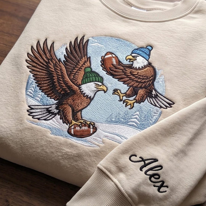 Personalized Bald Eagle Football Winter Beanie Hat Snow Scene Embroidered Sweatshirt