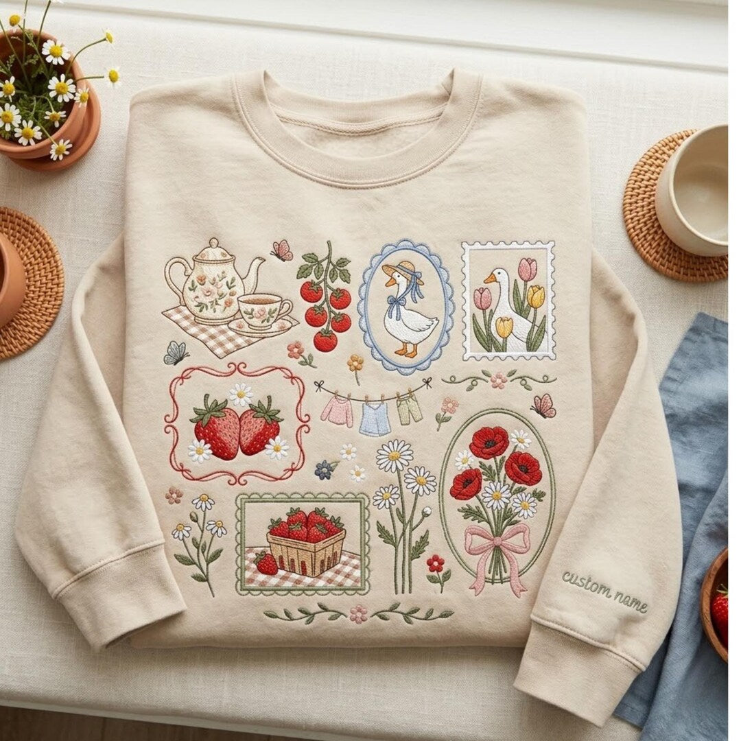 Personalized Cottagecore Garden Strawberry Goose Floral Tea Set Collage embroidered sweatshirt — front view