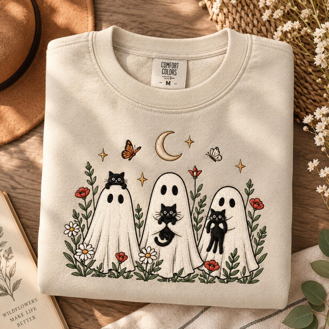 Halloween Three Ghosts Black Cats Wildflowers Moon Stars Butterflies embroidered sweatshirt — front view