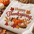 Happy Thanksgiving Pumpkin Pie Wheat Leaves Fall Harvest embroidered sweatshirt — front view