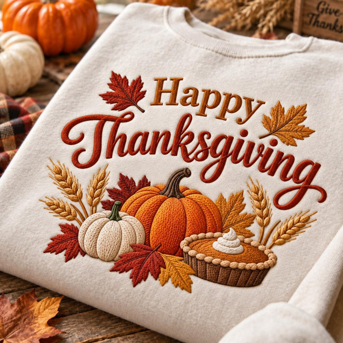 Happy Thanksgiving Pumpkin Pie Wheat Leaves Fall Harvest Embroidered Sweatshirt