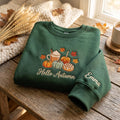 Personalized Hello Autumn Pumpkin Latte Caramel Apple Cinnamon Roll Fall Sleeve Name embroidered sweatshirt — front view