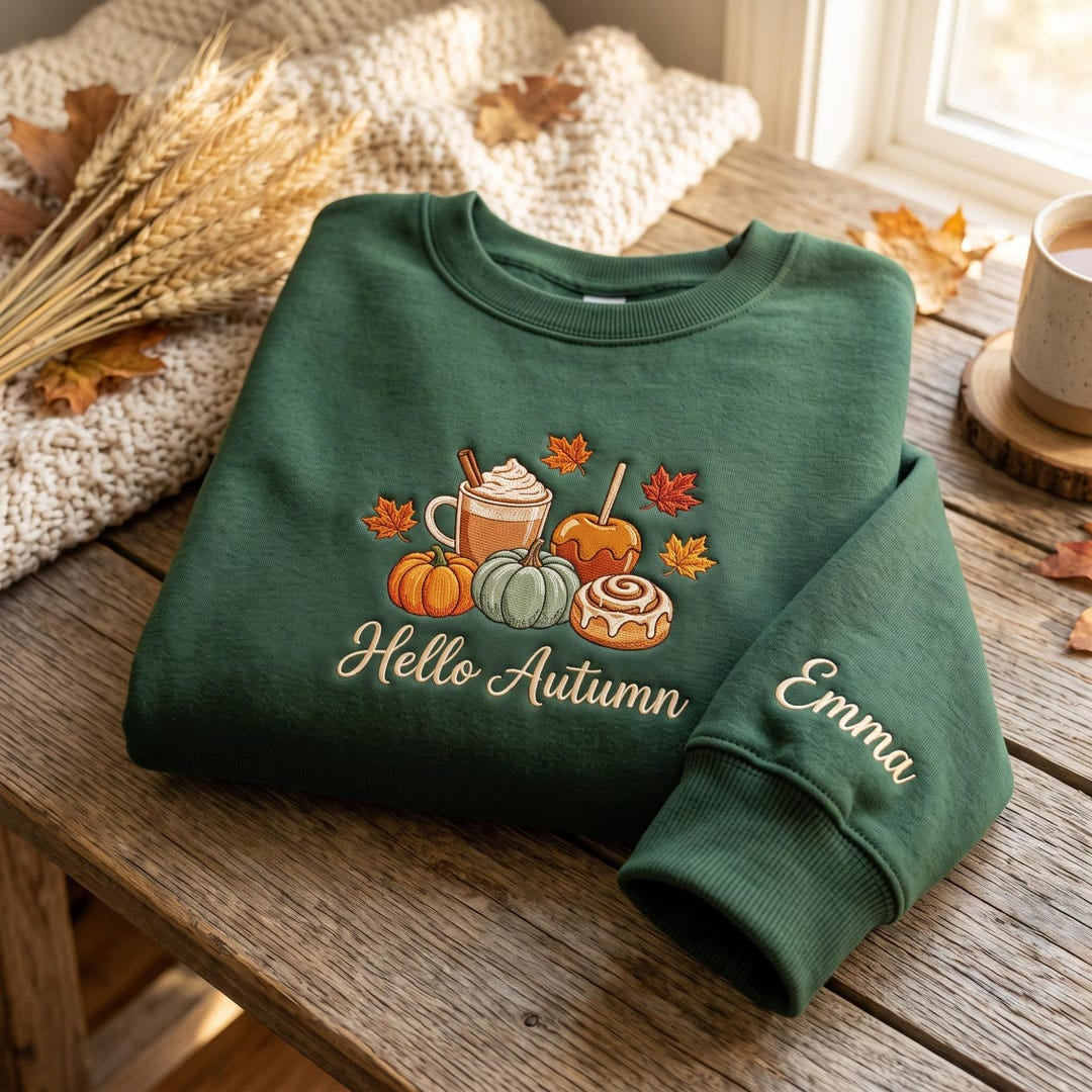 Personalized Hello Autumn Pumpkin Latte Caramel Apple Cinnamon Roll Fall Sleeve Name embroidered sweatshirt — front view