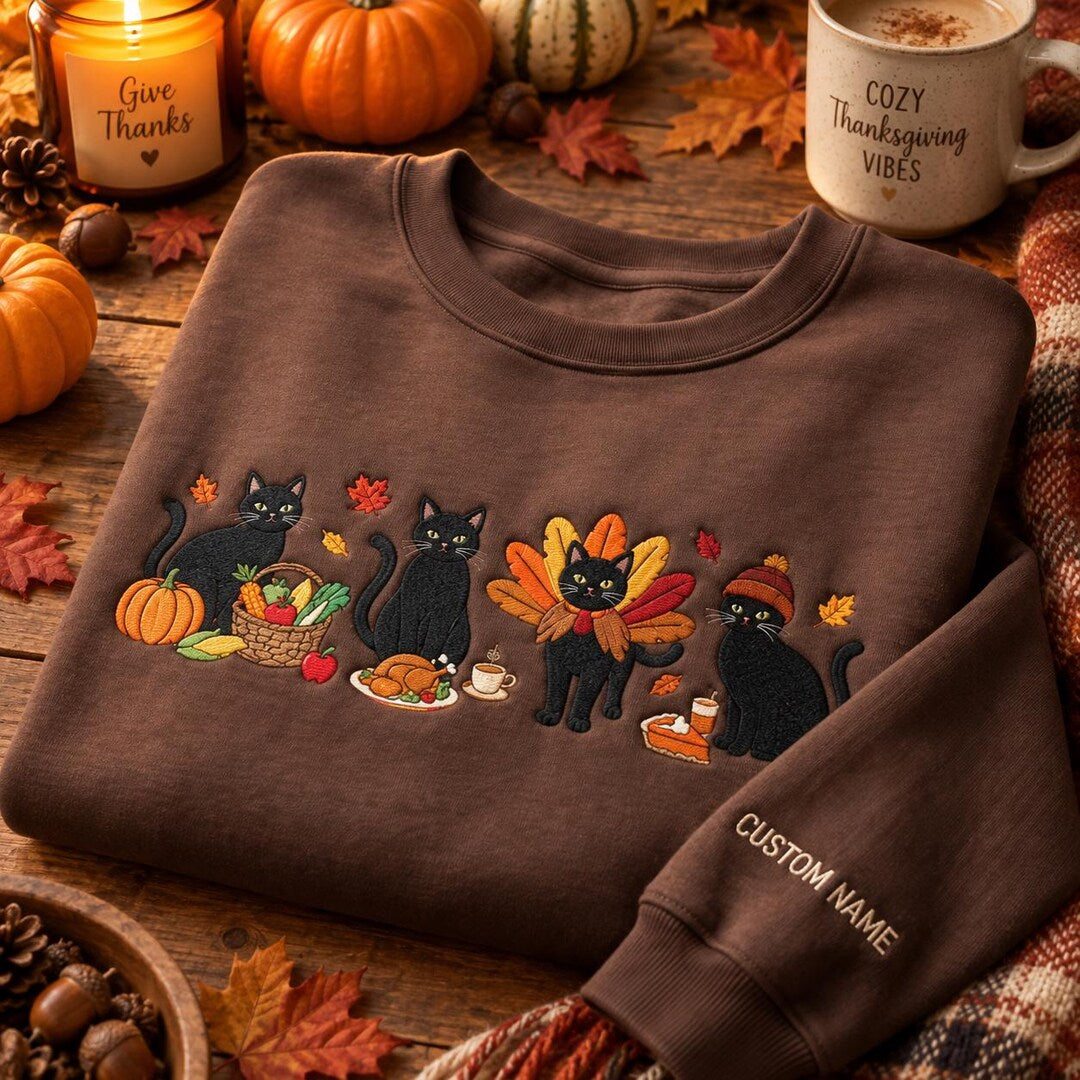 Personalized Thanksgiving Black Cat Turkey Harvest Pumpkin Pie Fall Custom Name Sleeve embroidered sweatshirt — front view