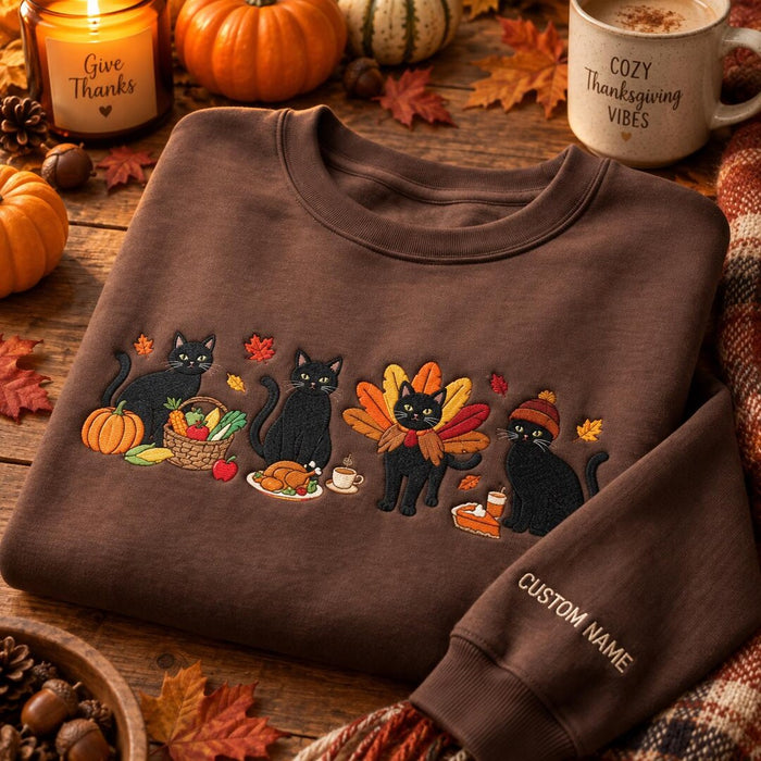 Personalized Thanksgiving Black Cat Turkey Harvest Pumpkin Pie Fall Custom Name Sleeve Embroidered Sweatshirt