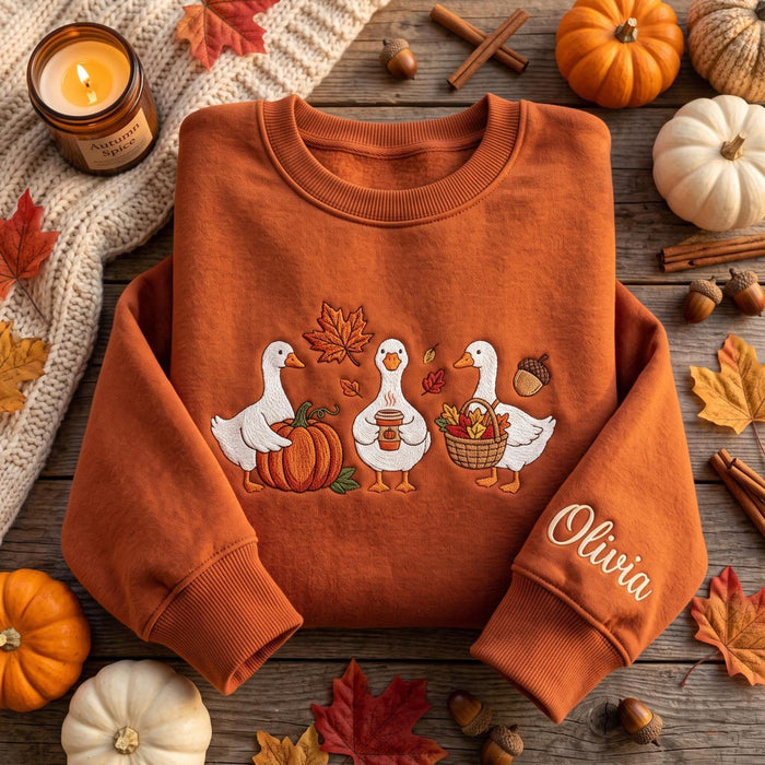 Personalized Fall Geese Pumpkin Spice Latte Harvest Basket Autumn Leaves Embroidered Sweatshirt