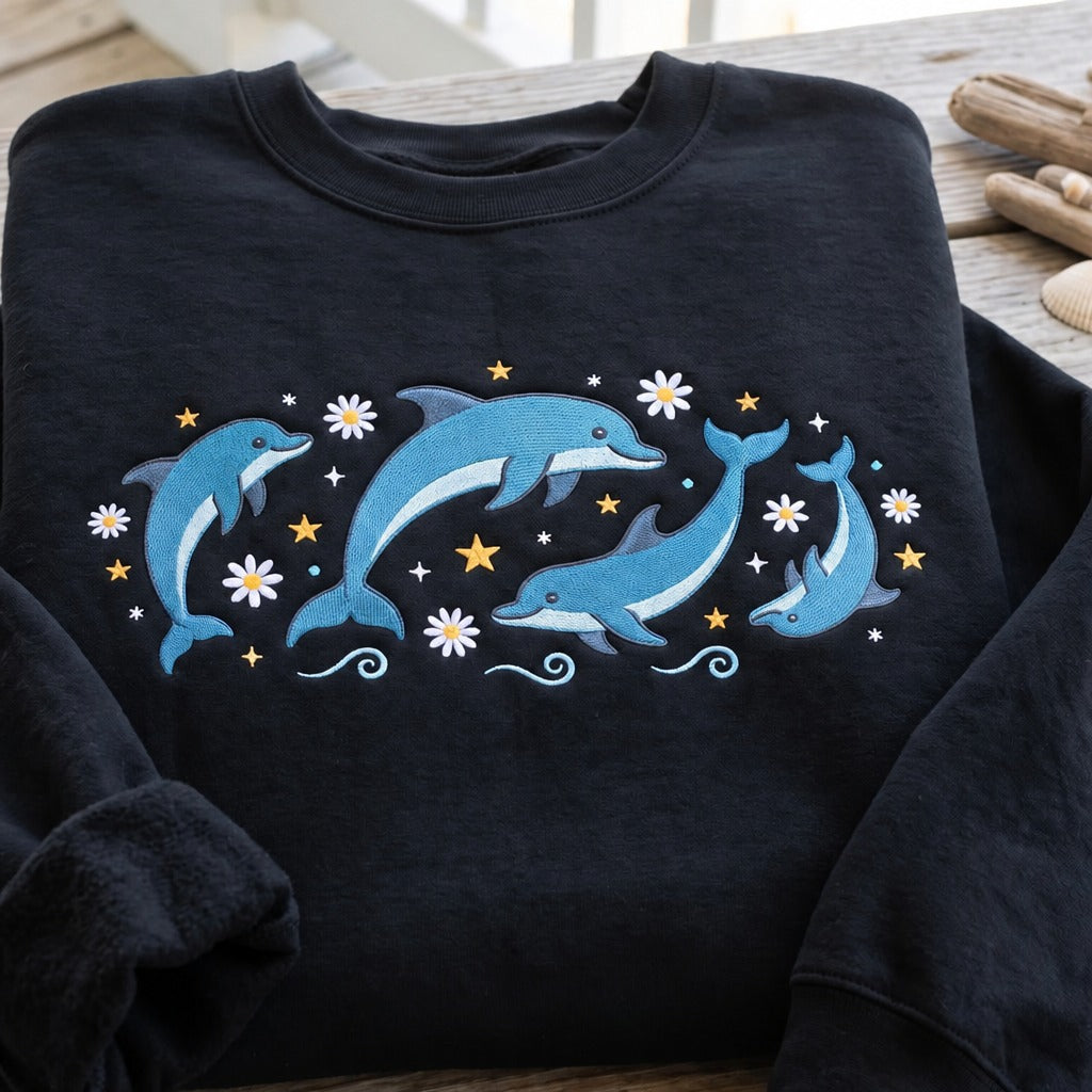 Personalized Dolphin Ocean Daisy Floral Stars Custom Sleeve Name embroidered sweatshirt — front view