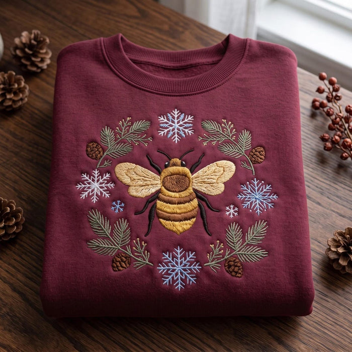 Personalized Winter Bumblebee Snowflakes Pine Botanical Wreath Embroidered Sweatshirt