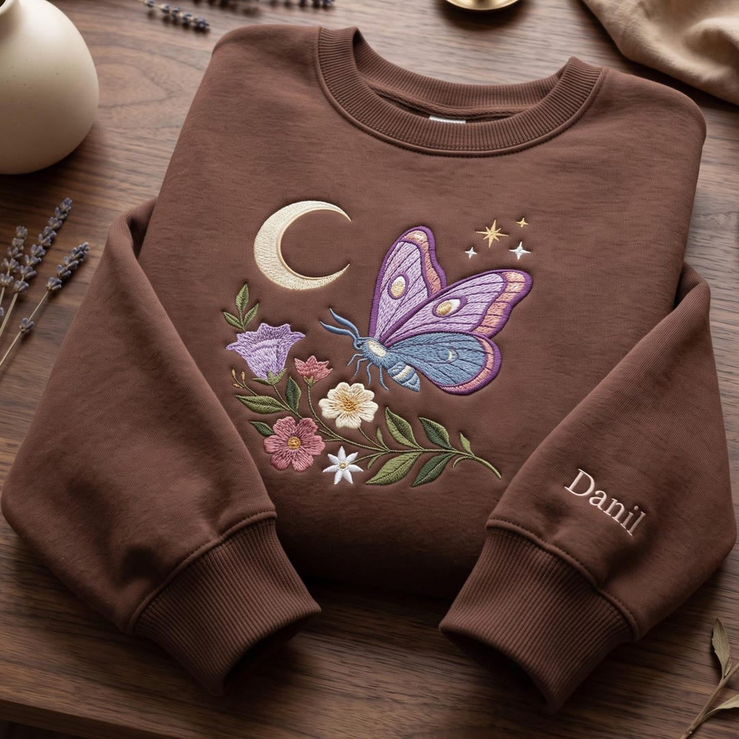 Personalized Celestial Moth Moon Wildflower Floral embroidered sweatshirt — front view
