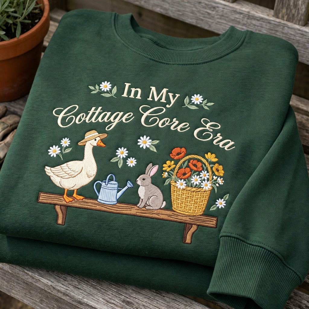 Personalized in My Cottagecore Era Goose Bunny Wildflower Basket Garden embroidered sweatshirt — front view