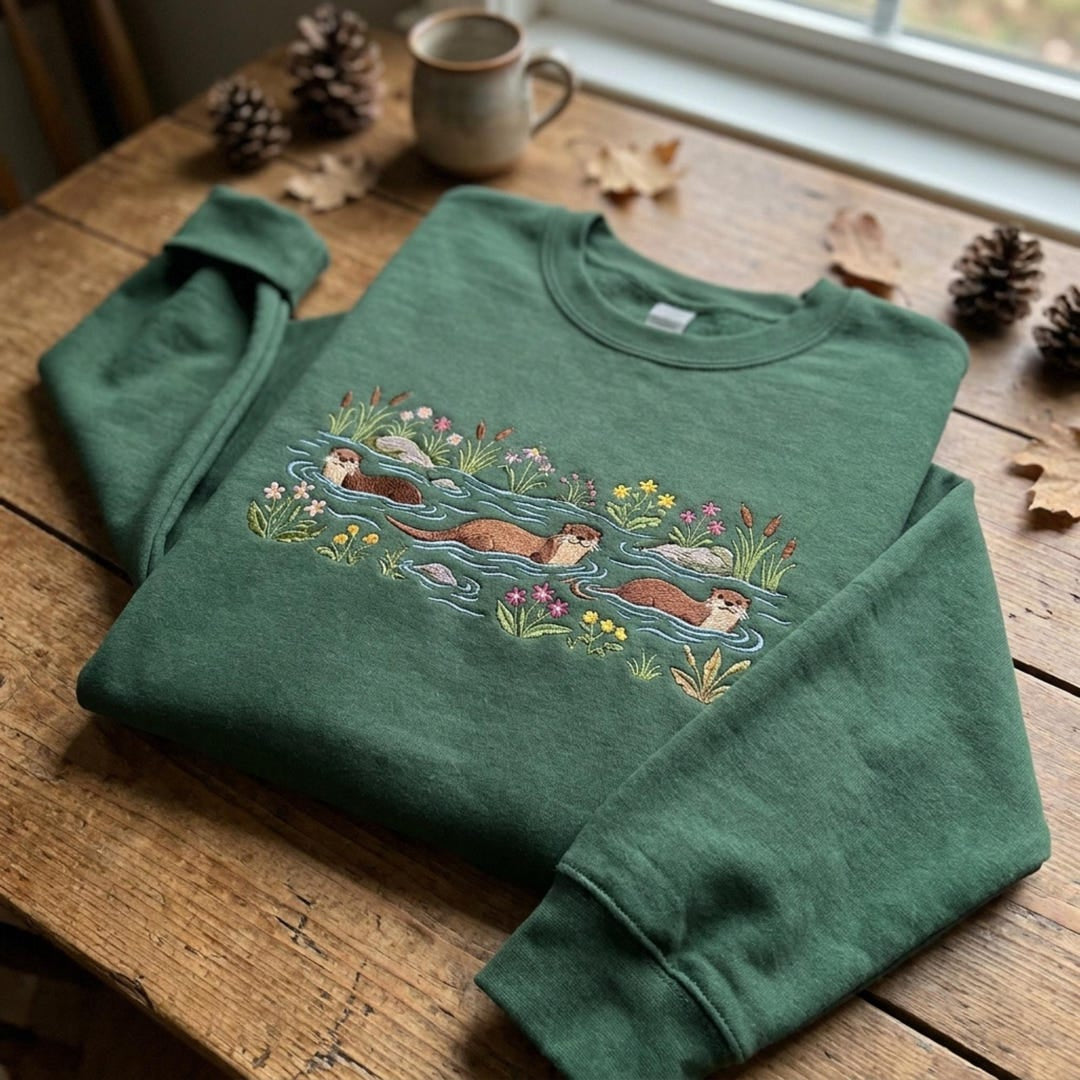 Otters Swimming Floral River Wildflowers Nature Lover embroidered hoodie — front view