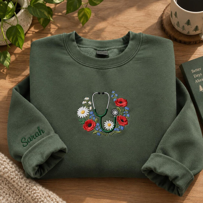 Personalized Nurse Floral Stethoscope Wildflower Wreath Custom Name Embroidered Sweatshirt