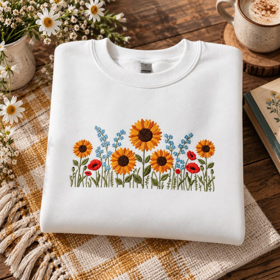 Sunflower Wildflower Garden Poppies Floral Meadow embroidered sweatshirt — front view