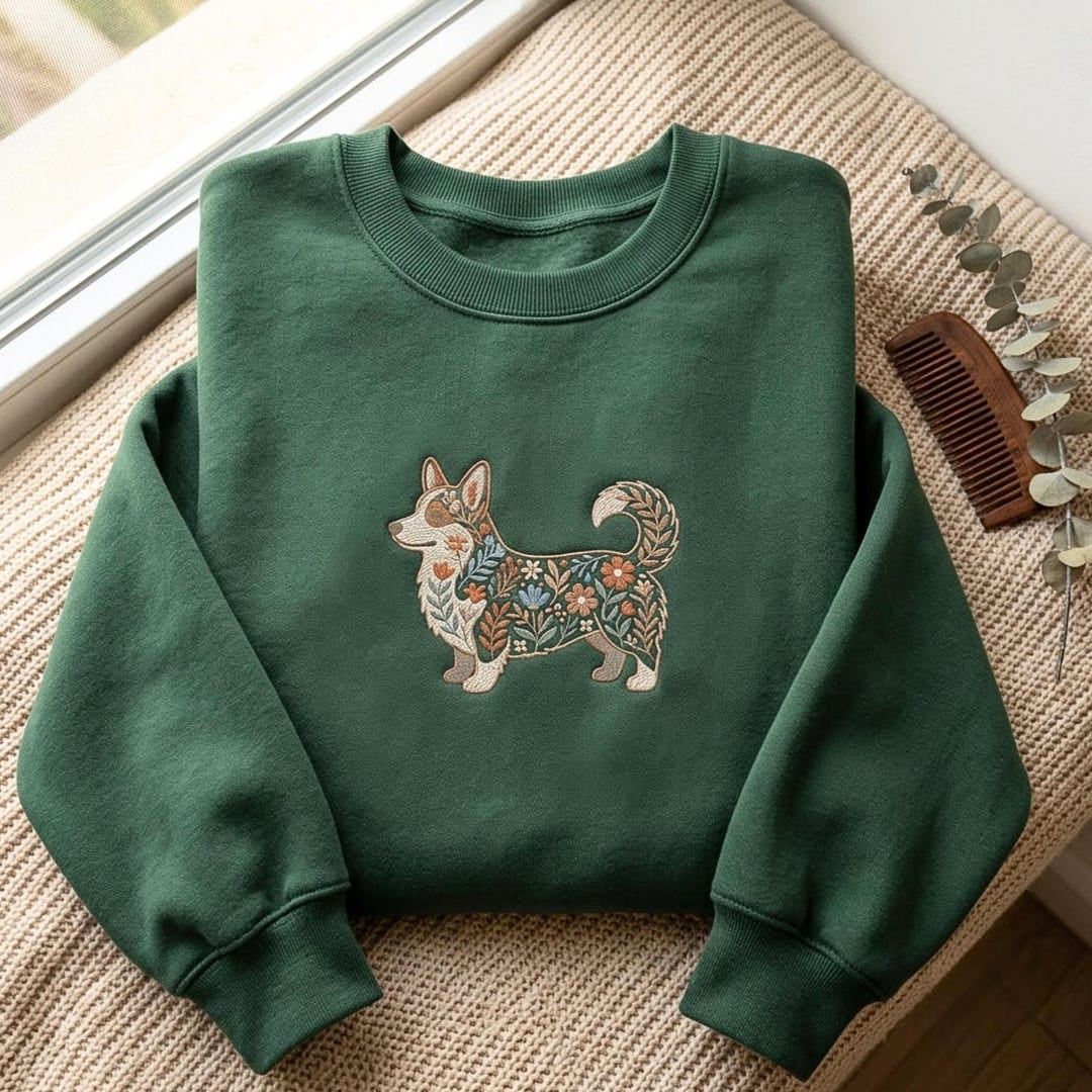 Corgi Wildflower Floral Botanical Cottagecore embroidered sweatshirt — front view