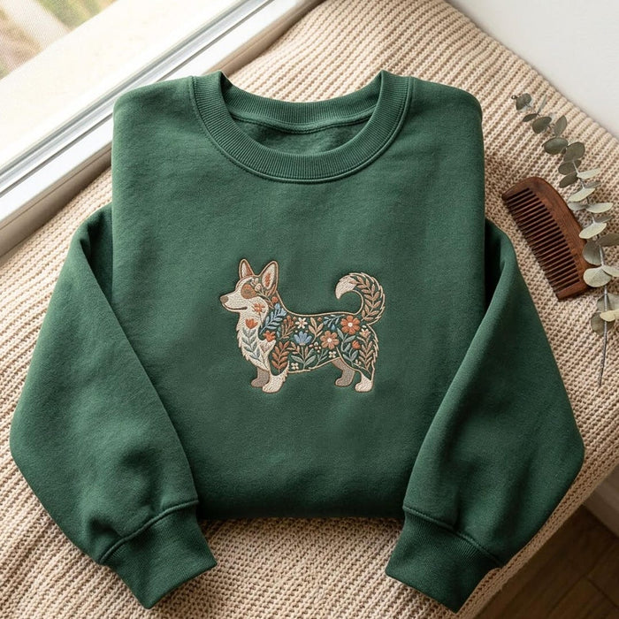 Corgi Wildflower Floral Botanical Cottagecore Embroidered Sweatshirt