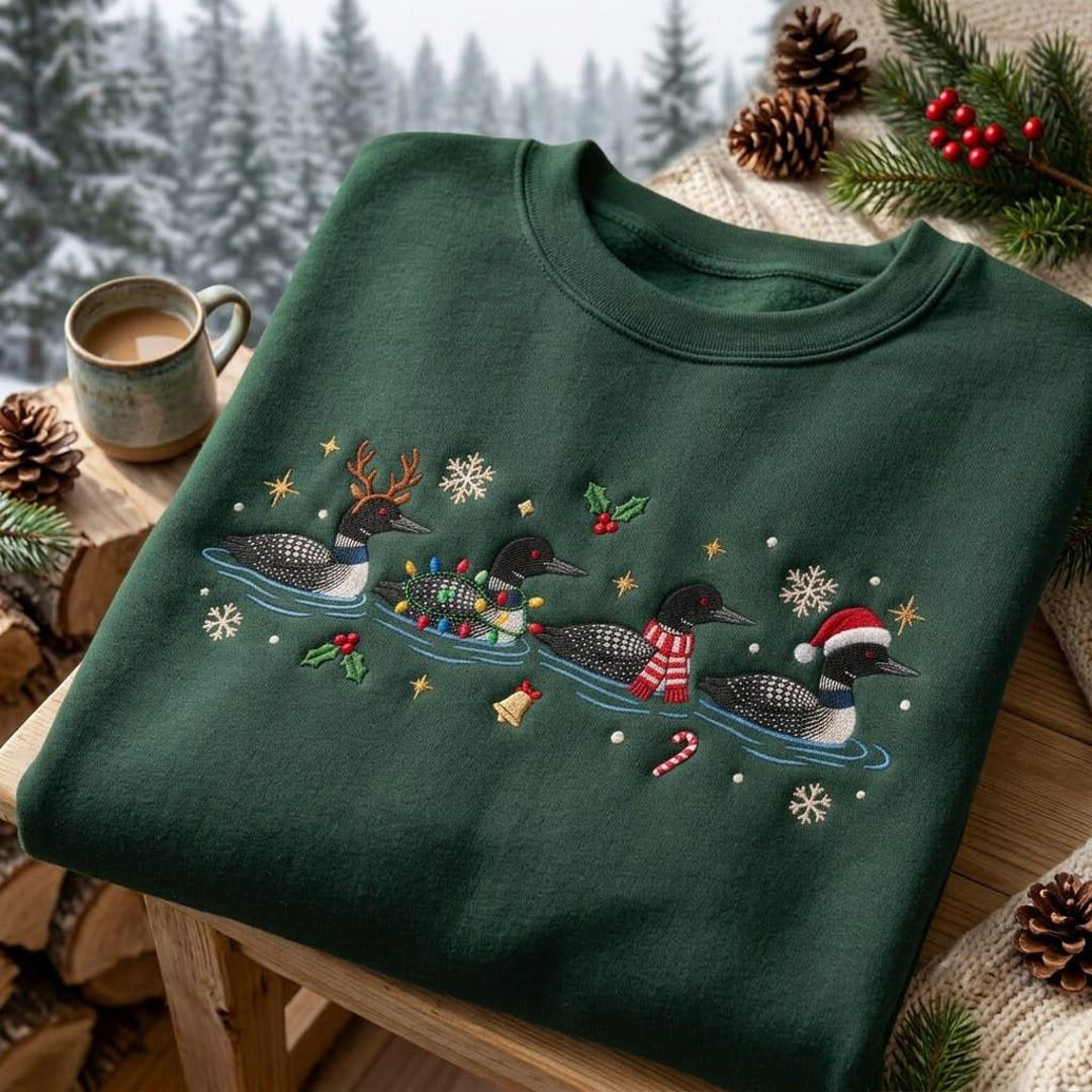 Christmas Loon Trio Reindeer Santa Hat Scarf Holiday Lights Snowflakes embroidered sweatshirt — front view