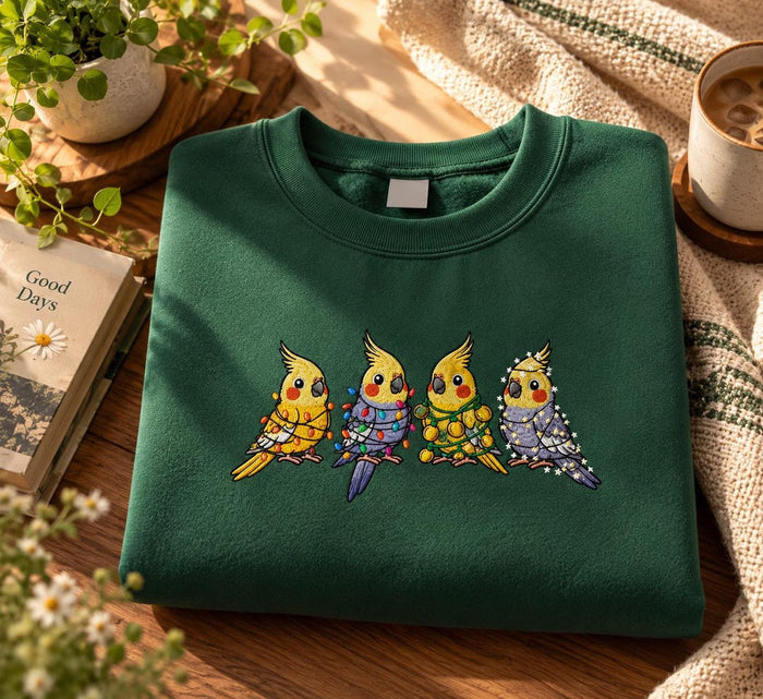 Christmas Cockatiel Quartet Holiday Lights Bird Embroidered Sweatshirt