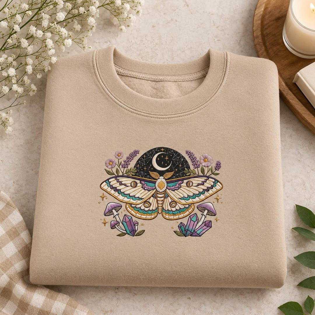 Celestial Luna Moth Moon Mushroom Crystal Wildflower embroidered sweatshirt — front view