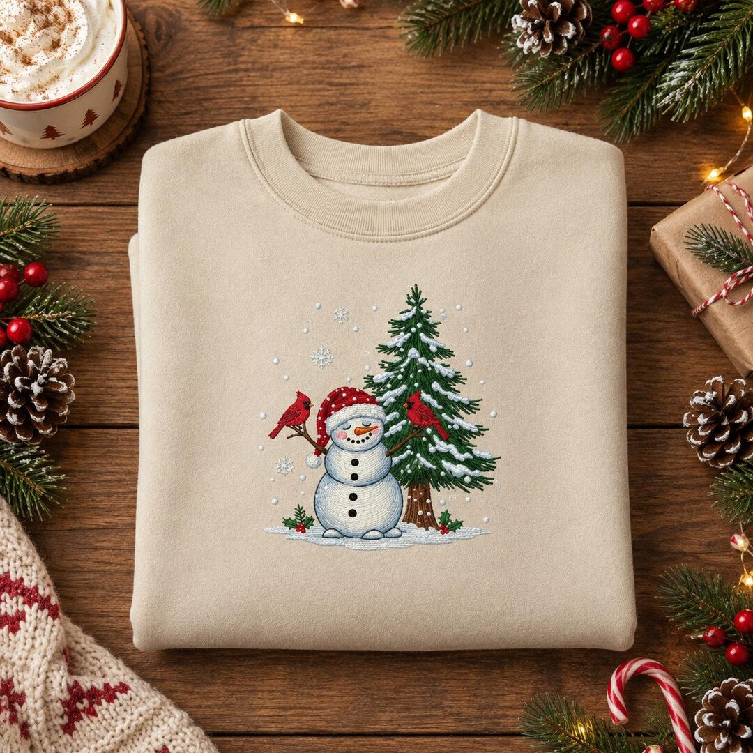 Personalized Snowman Cardinal Birds Christmas Pine Tree Winter embroidered sweatshirt — front view