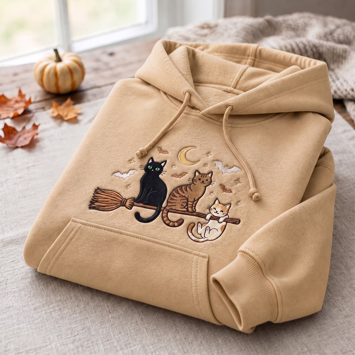 Three Cats Riding Witch Broom Crescent Moon Bats Halloween Embroidered Hoodie — Beige