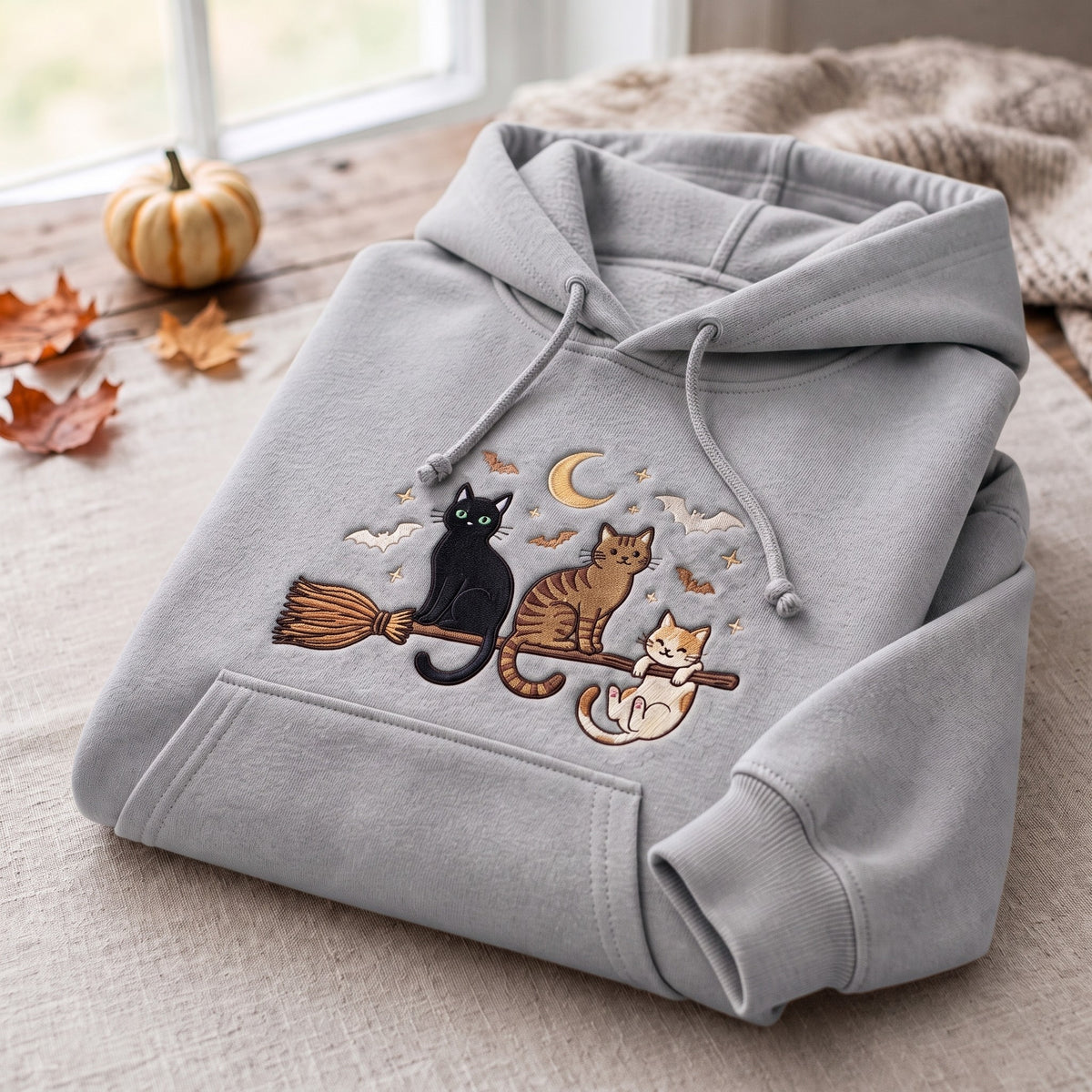Three Cats Riding Witch Broom Crescent Moon Bats Halloween Embroidered Hoodie — Sport Grey