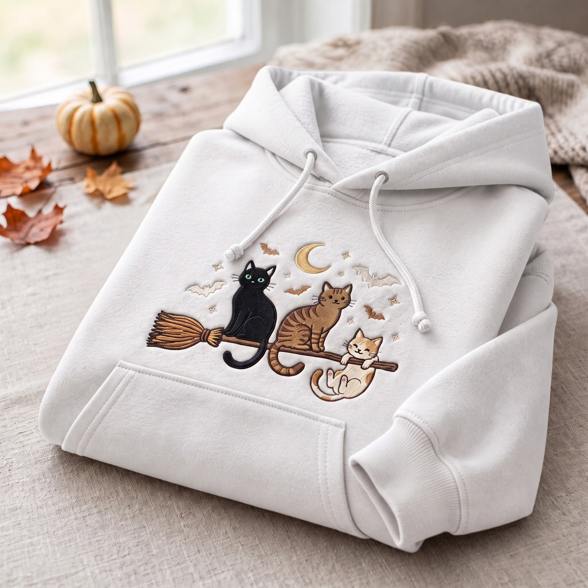 Three Cats Riding Witch Broom Crescent Moon Bats Halloween Embroidered Hoodie — White