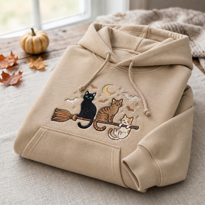 Three Cats Riding Witch Broom Crescent Moon Bats Halloween Embroidered Hoodie