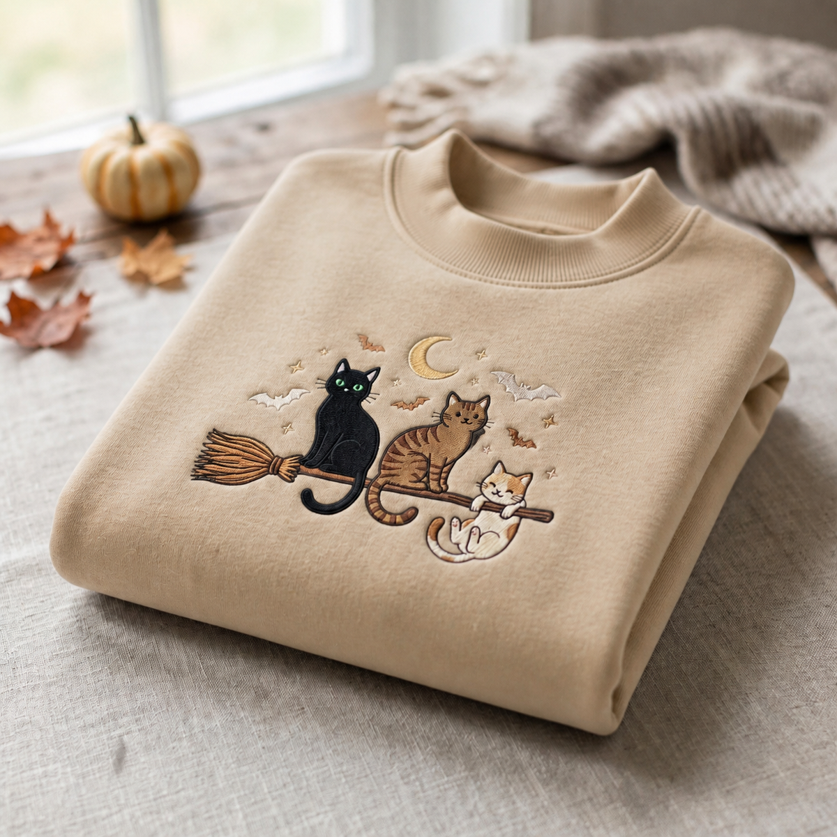 Three Cats Riding Witch Broom Crescent Moon Bats Halloween Embroidered Mock Neck Sweatshirt