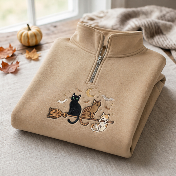 Three Cats Riding Witch Broom Crescent Moon Bats Halloween Embroidered Quarter-Zip