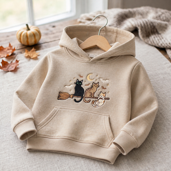 Three Cats Riding Witch Broom Crescent Moon Bats Halloween Embroidered Youth Hoodie