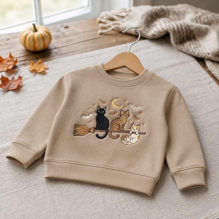 Three Cats Riding Witch Broom Crescent Moon Bats Halloween Embroidered Youth Sweatshirt