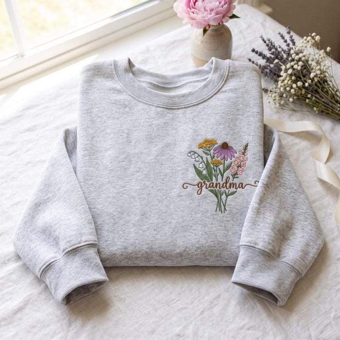 Personalized Grandma Wildflower Bouquet Custom Name Embroidered Sweatshirt