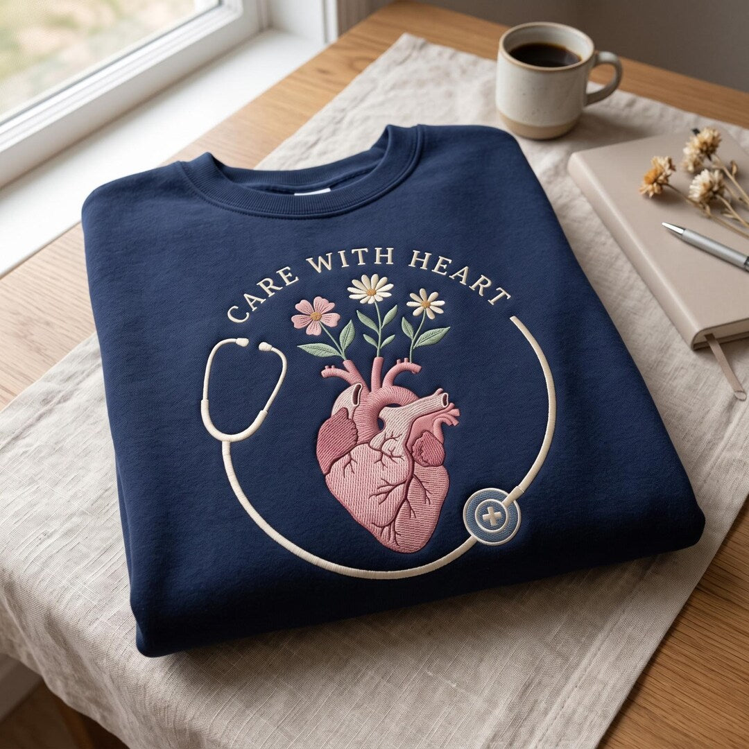 Personalized Nurse Floral Anatomical Heart Stethoscope Care with Heart embroidered sweatshirt — front view