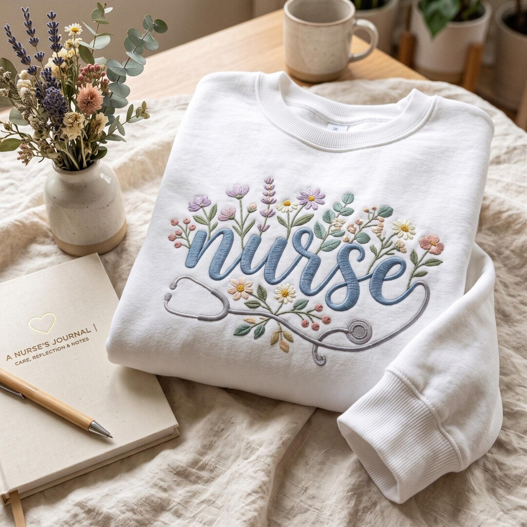Nurse Wildflower Floral Stethoscope Script embroidered hoodie — front view