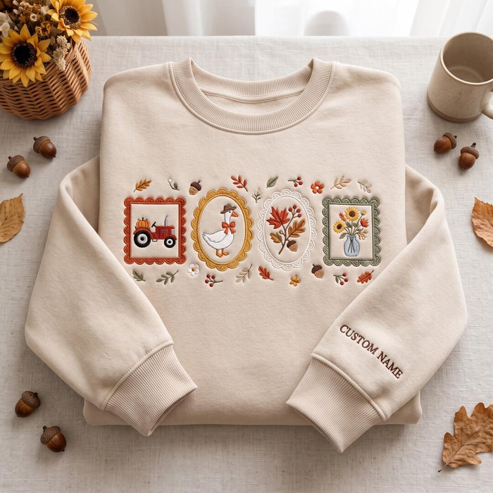 Personalized Fall Vintage Frames Goose Tractor Floral Autumn Leaves Custom Name Embroidered Sweatshirt
