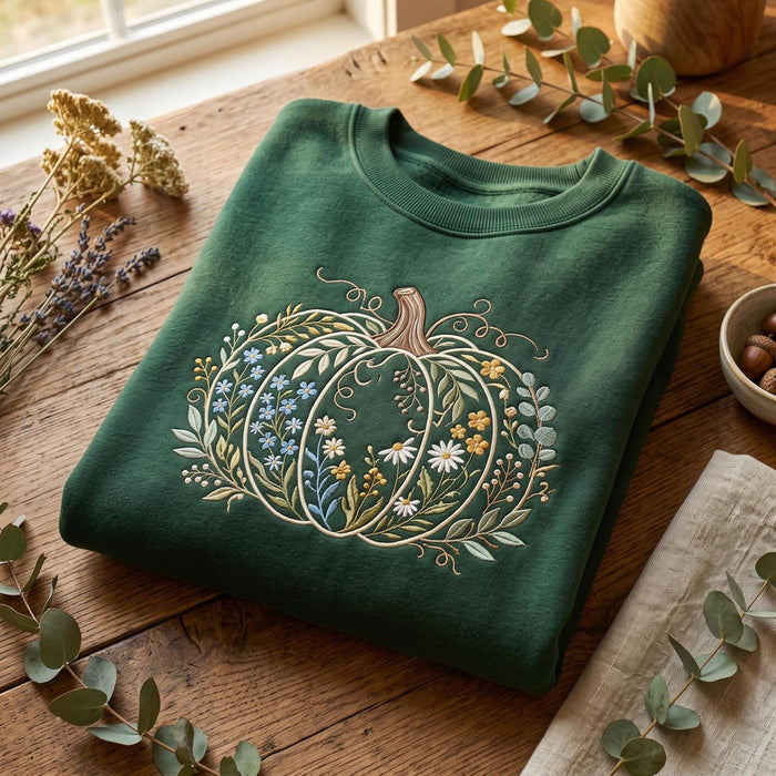 Floral Pumpkin Wildflower Botanical Cottagecore Fall Embroidered Sweatshirt